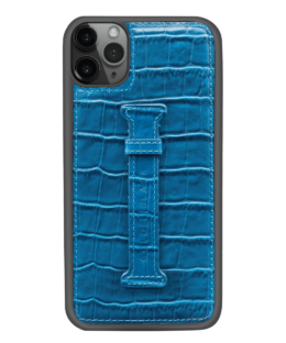 iPhone 11 Pro Max Lederhülle mit Fingerschlaufe KROKO-PRÄGUNG Blau