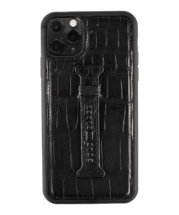 iPhone 11 Pro Max Lederhülle mit Fingerschlaufe Krokodilleder Schwarz