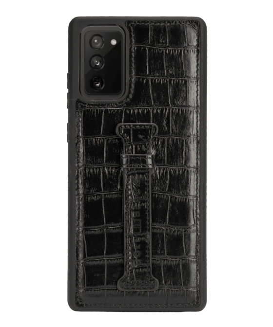 Samsung Note 20 Lederhülle mit Fingerschlaufe Kroko-Prägung Schwarz