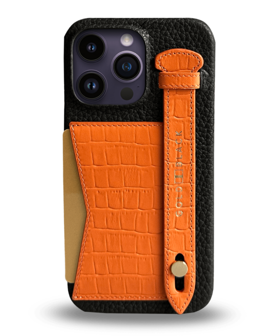 iPhone 14 Pro Max Slim Lederhülle Kroko-Prägung orange mit Kartenetui und Schlaufe