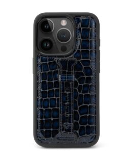 iPhone 15 Pro Lederhülle Milano-Design blau mit Fingerschlaufe